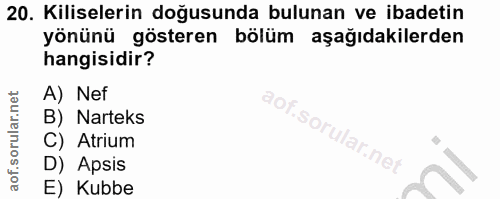 20. soru: Kiliselerin doğusunda bulunan ve ibadetin yönünü gösteren bölüm aşağıdakilerden hangisidir? A) Nef aor. B) Narteks So…