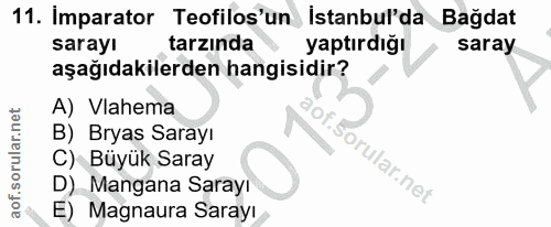 11. soru: Imparator Teofilos'un İstanbul'da Bağdat sarayı tarzında yaptırdığı saray aşağıdakilerden hangisidir? A) Vlahema B) B…
