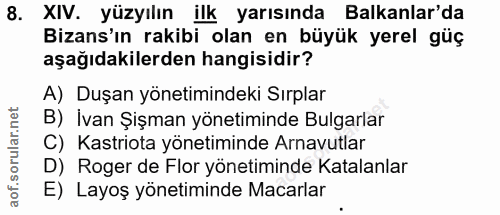 8. soru: XIV. yüzyılın ilk yarısında Balkanlar'da Bizans'ın rakibi olan en büyük yerel güç aşağıdakilerden hangisidir? A) Duşa…