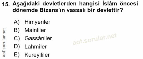 15. soru: Aşağıdaki devletlerden hangisi İslâm öncesi dönemde Bizans'ın vassalı bir devlettir? A) Himyeriler B) Mainliler C) Ga…