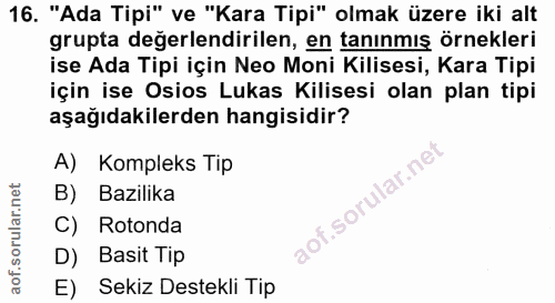 16. soru: "Ada Tipi" ve "Kara Tipi" olmak üzere iki alt grupta değerlendirilen, en tanınmış örnekleri ise Ada Tipi için Neo Mon…