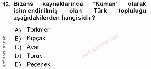 13. soru: Bizans kaynaklarında "Kuman" olarak isimlendirilmiş olan Türk topluluğu aşağıdakilerden hangisidir? A) Torkmen B) Kıp…