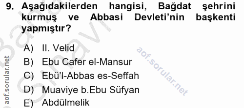 9. soru: Aşağıdakilerden hangisi, Bağdat şehrini kurmuş ve Abbasi Devleti'nin başkenti yapmıştır? A) II. Velid B) Ebu Cafer el…