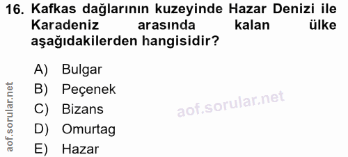 16. soru: Kafkas dağlarının kuzeyinde Hazar Denizi ile Karadeniz arasında kalan ülke aşağıdakilerden hangisidir? A) Bulgar B) P…