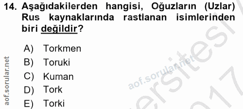 14. soru: Aşağıdakilerden hangisi, Oğuzların (Uzlar) Rus kaynaklarında rastlanan isimlerinden biri değildir? A) Torkmen B) Toru…