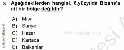3. soru: Aşağıdakilerden hangisi, .yüzyılda Bizans'a ait bir bölge değildir? A) Misır B) Suriye C) Hazar D) Kartaca E) Balkanlar
