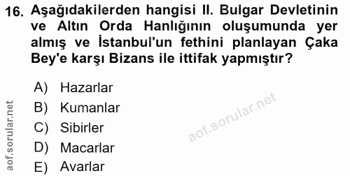 16. soru: Aşağıdakilerden hangisi II. Bulgar Devletinin ve Altın Orda Hanlığının oluşumunda yer almış ve İstanbul'un fethini pl…