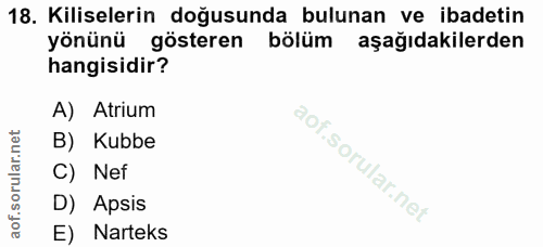 18. soru: Kiliselerin doğusunda bulunan ve ibadetin yönünü gösteren bölüm aşağıdakilerden hangisidir? A) Atrium B) Kubbe C) Nef…