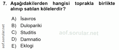 7. soru: Aşağıdakilerden hangisi toprakla birlikte alınıp satılan kölelerdir? A) Isavros B) Dulopariki ar. C) Studitis orul D)…