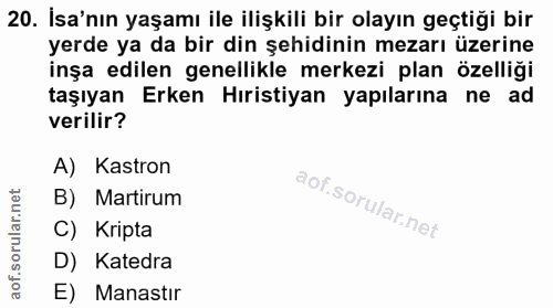 20. soru: İsa'nın yaşamı ile ilişkili bir olayın geçtiği bir yerde ya da bir din şehidinin mezarı üzerine inşa edilen genellikl…