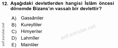 12. soru: Aşağıdaki devletlerden hangisi İslâm öncesi dönemde Bizans'ın vassalı bir devlettir? A) Gassâniler B) Kureylliler C)…