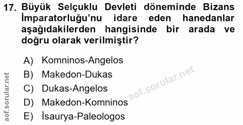 17. soru: Büyük Selçuklu Devleti döneminde Bizans Imparatorluğu'nu idare eden hanedanlar aşağıdakilerden hangisinde bir arada v…