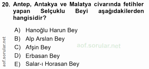 20. soru: Antep, Antakya ve Malatya civarında fetihler yapan Selçuklu Beyi aşağıdakilerden hangisidir? A) Hanoğlu Harun Bey B)…