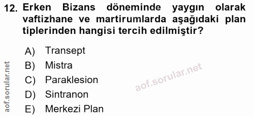 12. soru: Erken Bizans döneminde yaygın olarak vaftizhane ve martirumlarda aşağıdaki plan tiplerinden hangisi tercih edilmiştir…