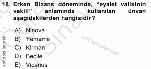 18. soru: Erken Bizans döneminde, "eyalet valisinin vekili" anlamında kullanılan ünvan aşağıdakilerden hangisidir? A) Ninova B)…