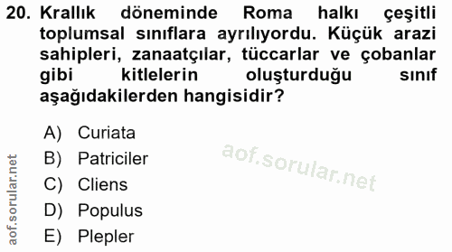 20. soru: Krallık döneminde Roma halkı çeşitli toplumsal sınıflara ayrılıyordu. Küçük arazi sahipleri, zanaatçılar, tüccarlar v…