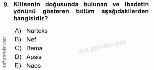 9. soru: Kilisenin doğusunda bulunan ve ibadetin yönünü gösteren bölüm aşağıdakilerden hangisidir? A) Narteks B) Nef C) Bema D…