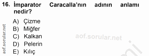 16. soru: imparator Caracalla'nın adının anlamı nedir? A) Çizme B) Migfer C) Kalkan D) Pelerin E) Kılıç