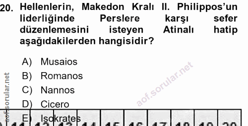 20. soru: Hellenlerin, Makedon Kralı II. Philippos'un liderliğinde Perslere karşı sefer düzenlemesini isteyen Atinalı hatip aşa…