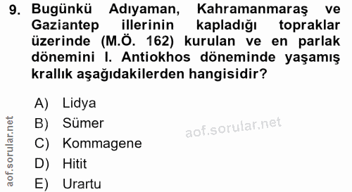 9. soru: Bugünkü Adıyaman, Kahramanmaraş ve Gaziantep illerinin Kapladığı topraklar üzerinde (M.Ö. 162) kurulan ve en parlak d…