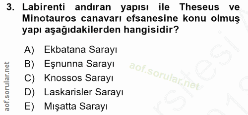 3. soru: Labirenti andıran yapısı ile Theseus ve Minotauros canavarı efsanesine konu olmuş yapı aşağıdakilerden hangisidir? A)…