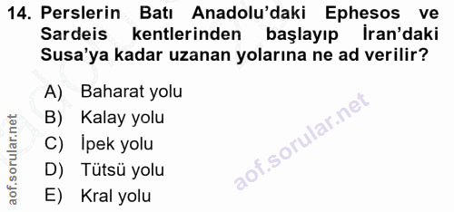 14. soru: Perslerin Batı Anadolu'daki Ephesos ve Sardeis kentlerinden başlayıp İran'daki Susa'ya kadar uzanan yolarına ne ad ve…
