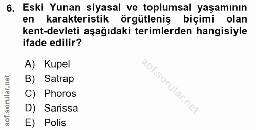 6. soru: Eski Yunan siyasal ve toplumsal yaşamının en karakteristik örgütleniş biçimi olan kent-devleti aşağıdaki terimlerden…