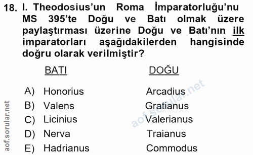 18. soru: I. Theodosius'un Roma Imparatorluğu'nu MS 395 te Doğu ve Batı olmak üzere paylaştırması üzerine Doğu ve Batı'nın ilk…