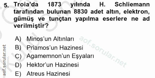 5. soru: Troia da 1873 yılında H. Schliemann tarafından bulunan 8830 adet altın, elektron, gümüş ve tunçtan yapılma eserlere n…