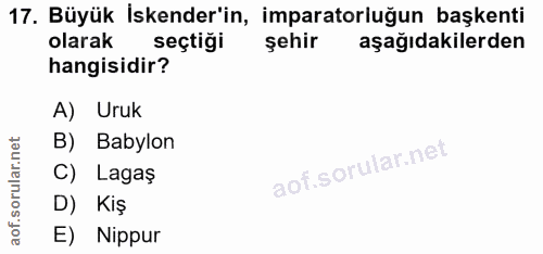 17. soru: Büyük İskender'in, imparatorluğun başkenti olarak seçtiği şehir aşağıdakilerden hangisidir? A) Uruk B) Babylon C) Lag…