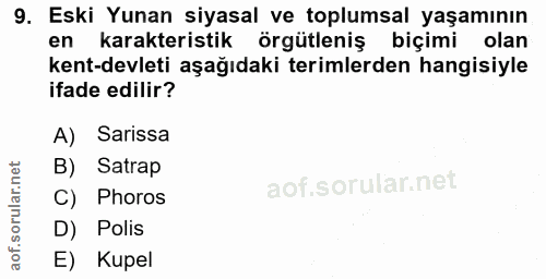 9. soru: Eski Yunan siyasal ve toplumsal yaşamının en karakteristik örgütleniş biçimi olan kent-devleti aşağıdaki terimlerden…