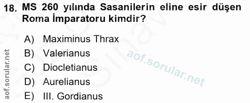 18. soru: MS 260 yılında Sasanilerin eline esir düşen Roma imparatoru kimdir? A) Maximinus Thrax B) Valerianus C) Dicletianus D…