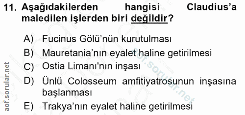 11. soru: Aşağıdakilerden hangisi Claudius'a maledilen işlerden biri değildir? A) Fucinus Gölü'nün kurutulması B) Mauretania'nı…