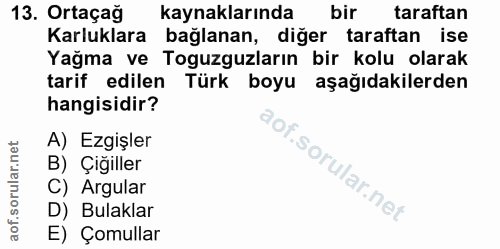 13. soru: Ortaçağ kaynaklarında bir taraftan Karluklara bağlanan, diğer taraftan ise Yağma ve Toguzguzların bir kolu olarak tar…