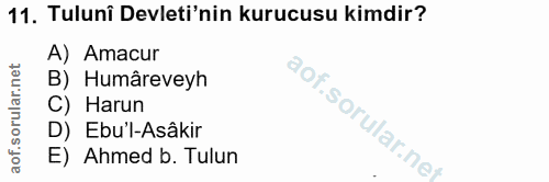 11. soru: Tuluni Devleti'nin kurucusu kimdir? A) Amacur B) Humâreveyh C) Harun D) Ebu'l-Asâkir E) Ahmed b. Tulun