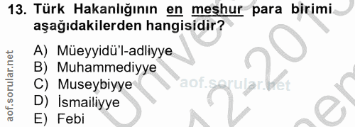 13. soru: Türk Hakanlığının en meshur para birimi. aşağıdakilerden hangisidir? A) Müeyyidü'l-adliyye B) Muhammediyye C) Museybi…