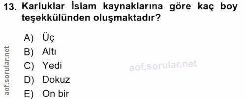 13. soru: Karluklar İslam kaynaklarına göre kaç boy teşekkülünden oluşmaktadır? A) Uç B) Altı C) Yedi D) Dokuz E) On bir
