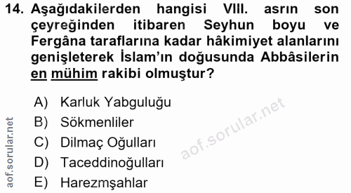 14. soru: Aşağıdakilerden hangisi VIll. asrın son çeyreğinden itibaren Seyhun boyu ve Fergâna taraflarına kadar hâkimiyet alanl…