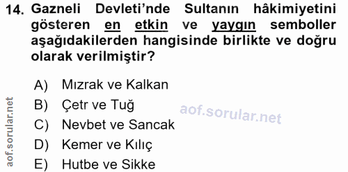 14. soru: Gazneli Devleti'nde Sultanın hâkimiyetini gösteren en etkin ve yaygın semboller aşağıdakilerden hangisinde birlikte v…
