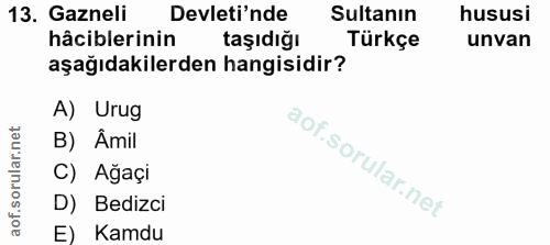 13. soru: Gazneli Devleti'nde Sultanın hususi hâciblerinin taşıdığı Türkçe unvan aşağıdakilerden hangisidir? A) Urug B) Âmil C)…