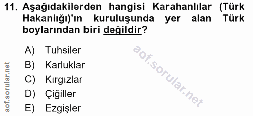 11. soru: Aşağıdakilerden hangisi Karahanlılar (Türk Hakanlığı)'ın kuruluşunda yer alan Türk boylarından biri değildir? A) Tuhs…