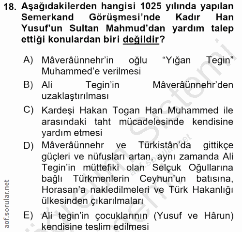 18. soru: Aşağıdakilerden hangisi 1025 yılında yapılan Semerkand Görüşmesi'nde Kadır Han Yusuf'un Sultan Mahmud'dan yardım tale…