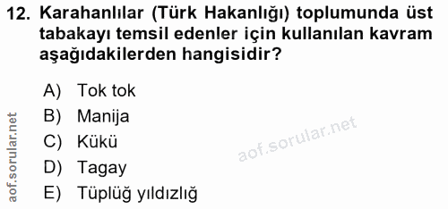 12. soru: Karahanlılar (Türk Hakanlığı) toplumunda üst tabakayı temsil edenler için kullanılan kavram aşağıdakilerden hangisidi…