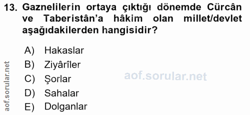 13. soru: Gaznelilerin ortaya çıktığı dönemde Cürcân ve Taberistân'a hâkim olan millet/devlet aşağıdakilerden hangisidir? A) Ha…