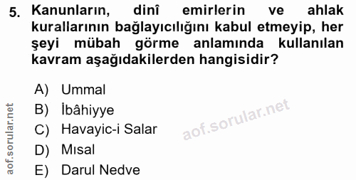 5. soru: Kanunların, dinî emirlerin ve ahlak kurallarının bağlayıcılığını kabul etmeyip, her şeyi mübah görme anlamında kullan…
