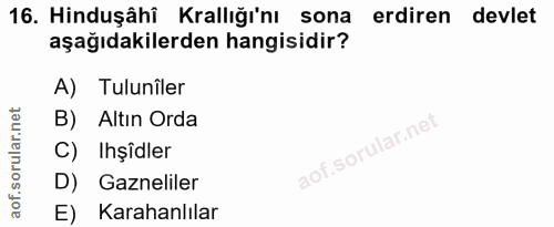 16. soru: Hinduşâhî Krallığı'nı sona erdiren devlet aşağıdakilerden hangisidir? A) Tulunîler B) Altın Orda C) Işîdler D) Gaznel…