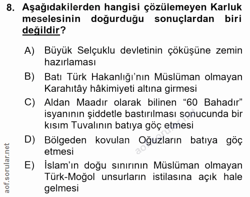 8. soru: Aşağıdakilerden hangisi çözülemeyen Karluk meselesinin doğurduğu sonuçlardan biri değildir? A) Büyük Selçuklu devleti…