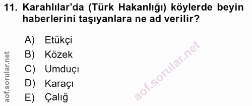 11. soru: Karalılar'da (Türk Hakanlığı) köylerde beyin haberlerini taşıyanlara ne ad verilir? A) Etükçi B) Közek Umduçı D) Kara…