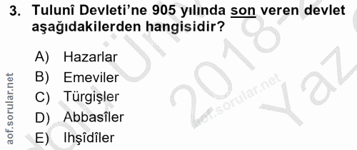3. soru: Tuluni Devleti'ne 905 yılında son veren devlet aşağıdakilerden hangisidir? A) Hazarlar B) Emeviler C) Türgişler D) Ab…