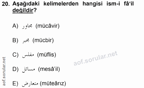 20. soru: Aşağıdaki kelimelerden hangisi ism-i fâ'il değildir? A) ›gl€ (mücâvir) B) (mücbir) C) unles (mütlis) D) Eluns (mesâil…